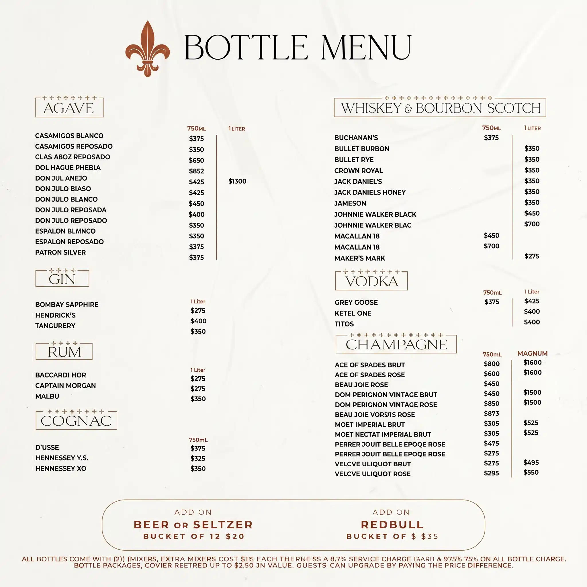 Hotel Chantelle Bottle Menu